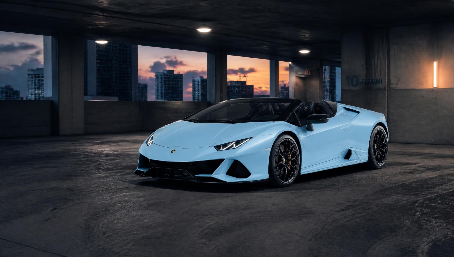Lamborghini Huracán EVO Spyder in a Miami parking structure at dusk